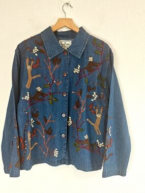 VTG 90s Tantrums Monkey Embroidered Denim Button Up Beaded Sequin Tree Cotton M